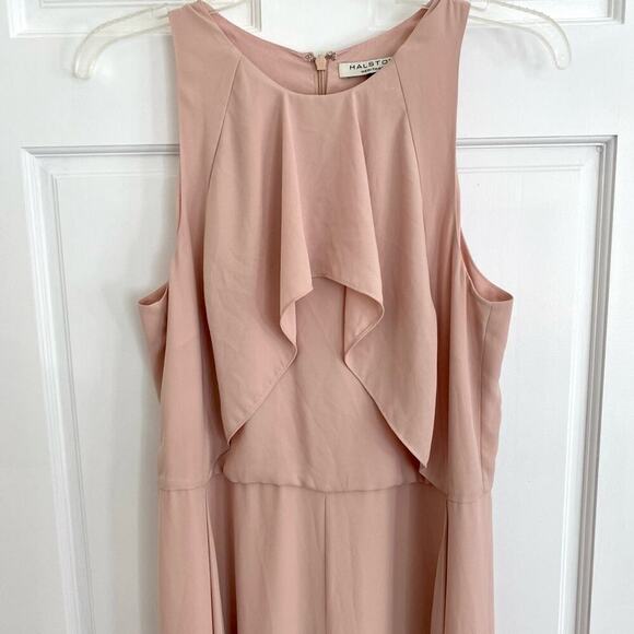 HALSTON HERITAGE Nude Beige Blush Pink Ruffle Sleeveless Formal Evening Jumpsuit - Picture 2 of 13